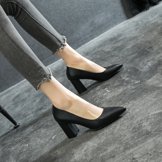 Women Fashion Black Square Cap Toe Med Block Heels Court Work Office Pump  Shoes | eBay