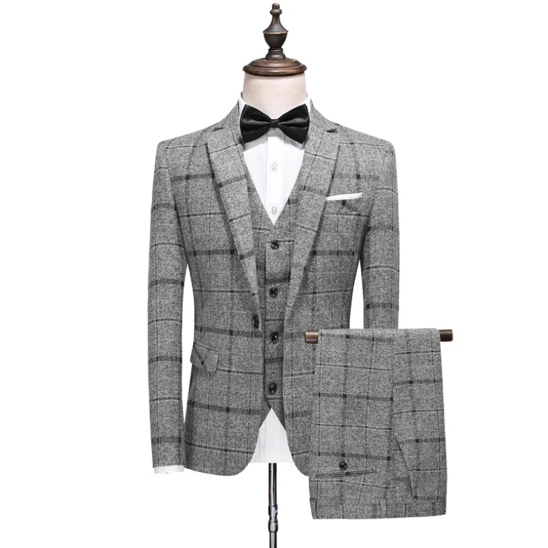 

Men Suit 3 Pieces Gray Lattice Casual Daily For Wedding Groom Banquet Work Set Jacket Vest With Pants
