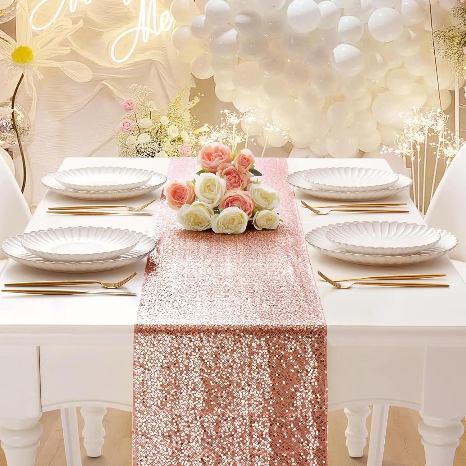 Elegant Rose Gold Sequin Table Runner - 12x108 | Sparkling Dining Table Centerpiece