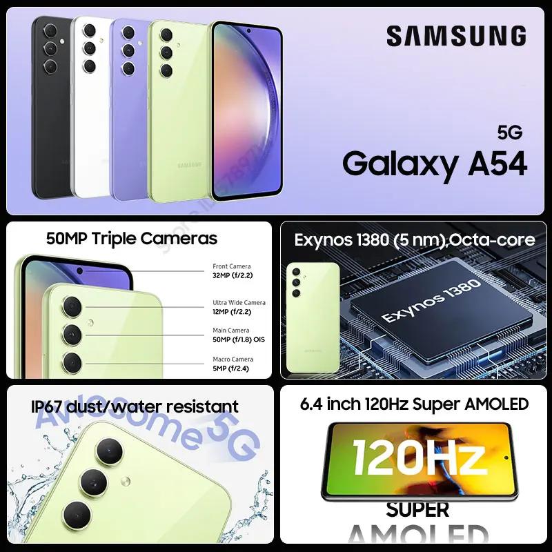 New Samsung Galaxy A54 5g 128gb/256gb Smartphone Exynos 1380 6.4 Fhd+  Super Amoled Triple 50mp Camera 5000mah 25w Fast Charging - Mobile Phones -  AliExpress