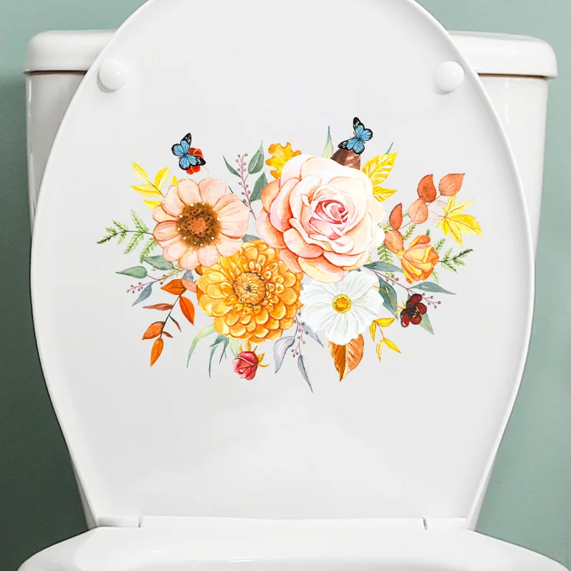 Watercolor Hand Drawn Floral Peony Flower Green Plants Butterfly Wall Stickers Bathroom Toilet Decor Decals Self Adhesive Murals toilet stickers toilet wall stickers toilet seat stickers