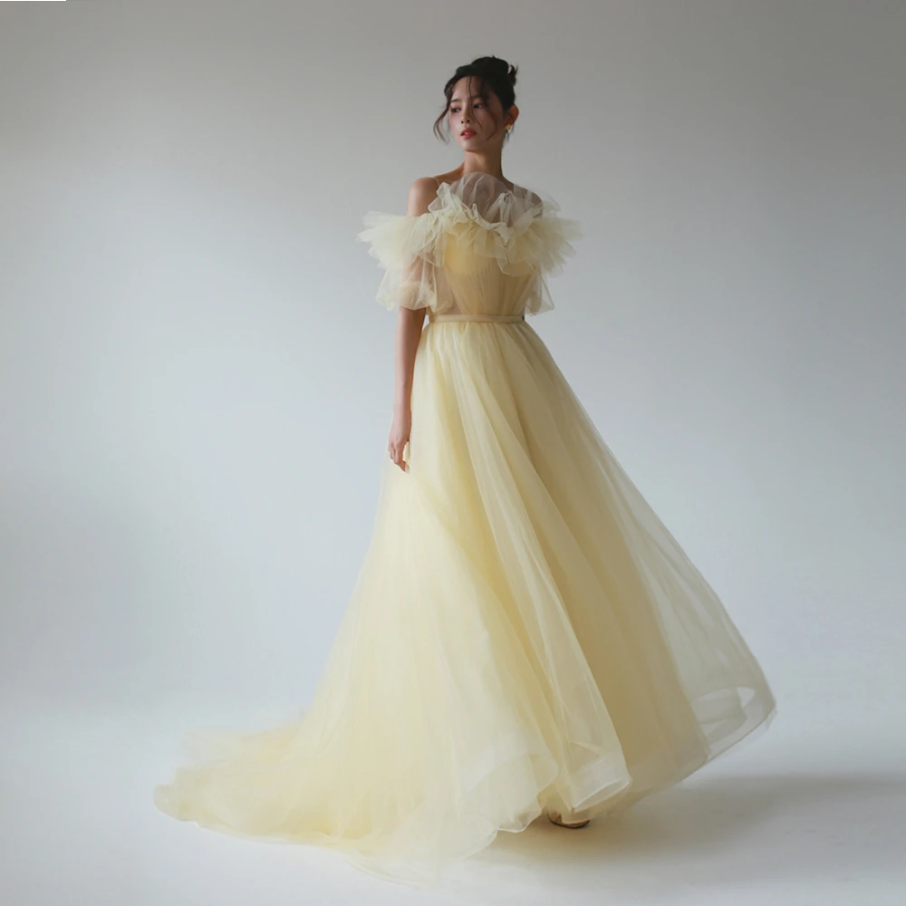 

ROSELLA Fairy Light Yellow Spaghetti Straps Prom Dresses Tulle Sweep Train Garden Formal Party Ball Gown Korean New Design 2023