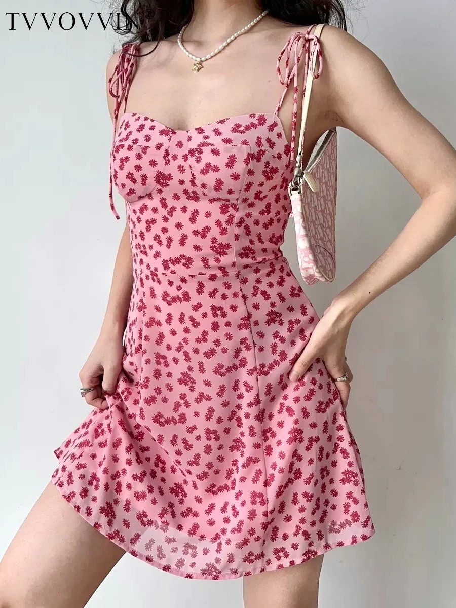 

TVVOVVIN Sweet Hot Pink Floral Slip Dress Female Summer Shoulder Strap Tank Mini Dress A-line Short Hotsweet 2023 New YRR3