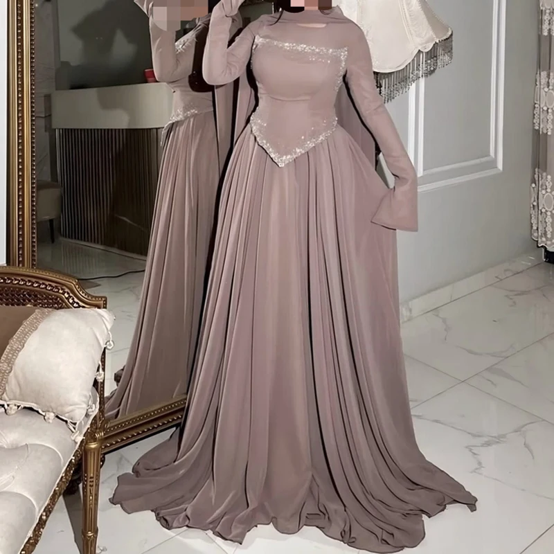 Women Fashion Sequins Beadings Solid Long Dress Elegant Wedding Guest Gowns Dress Casual O-Neck Scarf Long Sleeve Peplum Dress