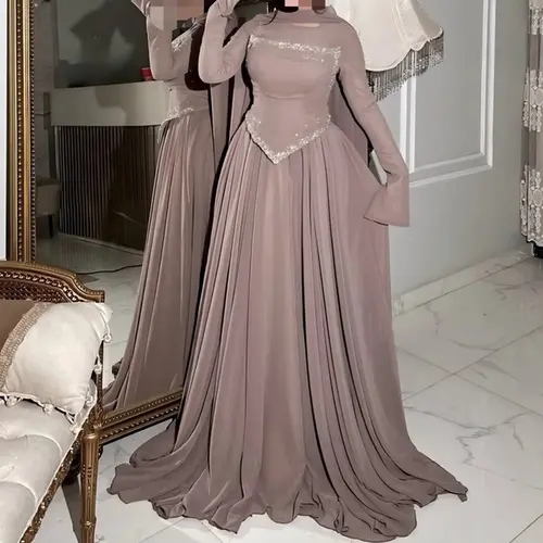 Women Fashion Sequins Beadings Solid Long Dress Elegant Wedding Guest Gowns Dress Casual O-Neck Scarf Long Sleeve Peplum Dress - Image 6