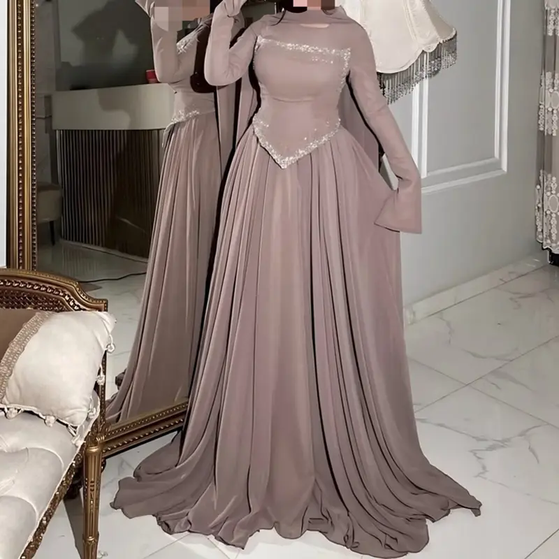 Women Fashion Sequins Beadings Solid Long Dress Elegant Wedding Guest Gowns Dress Casual O-Neck Scarf Long Sleeve Peplum Dress - Image 6