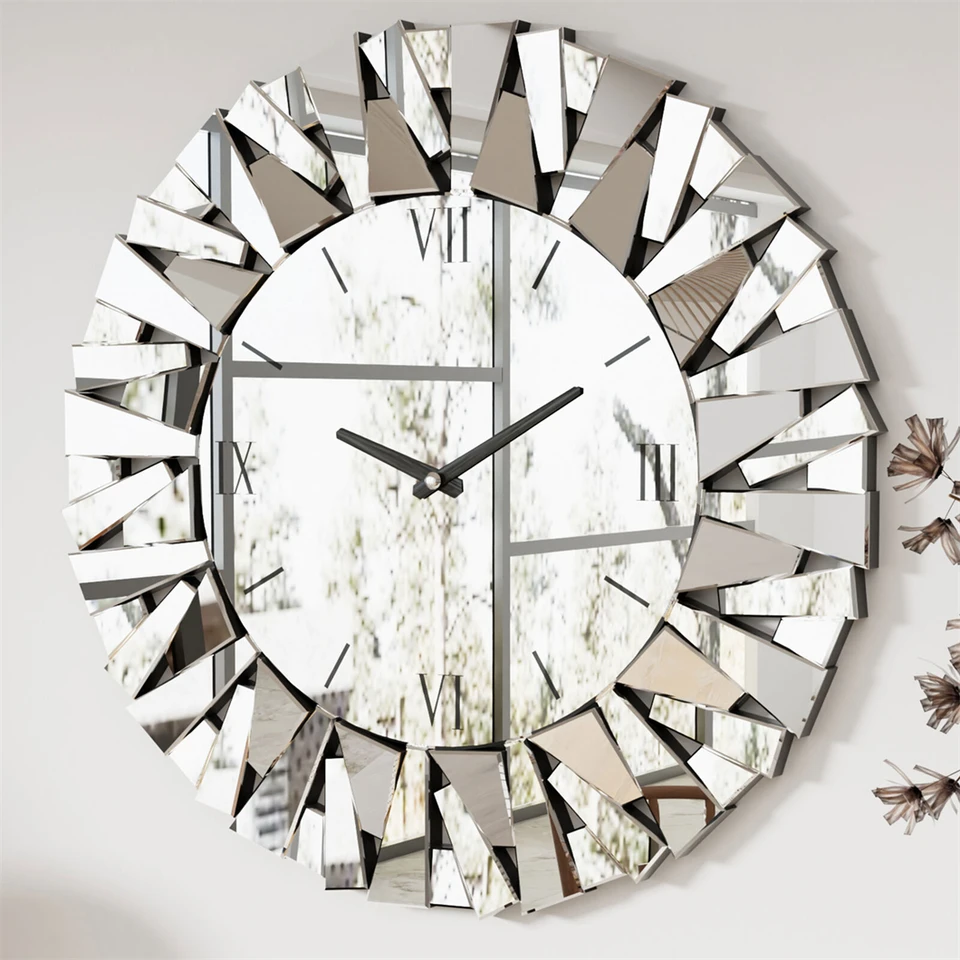 Large 3D Mirrored Wall Clock Round Roman Numerals