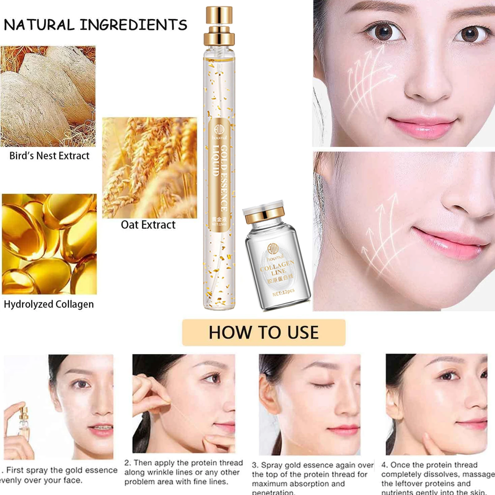 Protein Thread Lifting Kit Combination Of Soluble Protein Thread And Gold Essence Fine Lines Reduce Skin Whitening Tool For