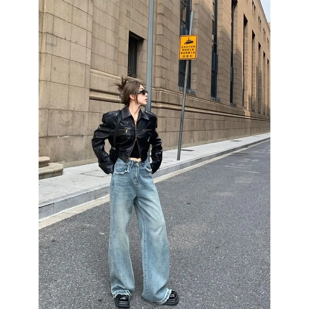 High-end sense motorcycle pu leather coat women's spring and summer 2023 new retro black short long sleeve jacket top