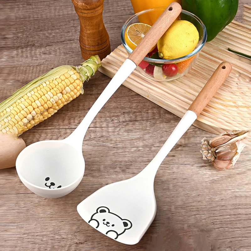 2Pcs Cartoon Spatula Spoon Wooden Handle Cooking Turner Non-Stick Silicone Soup Spoon Ladle Kitchen Pancakes Frying Pan Shovel