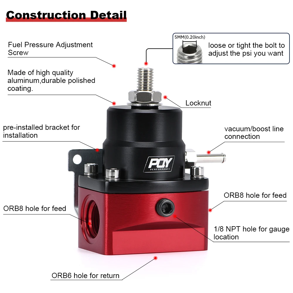 Universal Aluminum Fuel Pressure Regulator AN8 Feed & AN6 Return Line W/ 0-160PSI Gauge Set 3-20 20-45 45-70 Pressure Springs 5