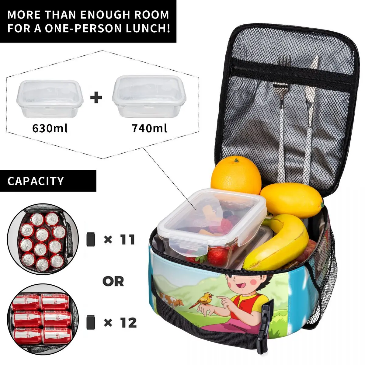 Heidi Tames A Bird Resuable Lunch Box Leakproof Cartoon Alps Mountain Girl Thermal Cooler Food Insulated Lunch Bag School Kids