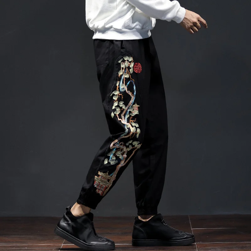

MrGB New Chinese Style Printed Harem Pants Men's Pine Tree Ancient Pavilion Patch Cloth Embroidery Baggy Jogger Trousers