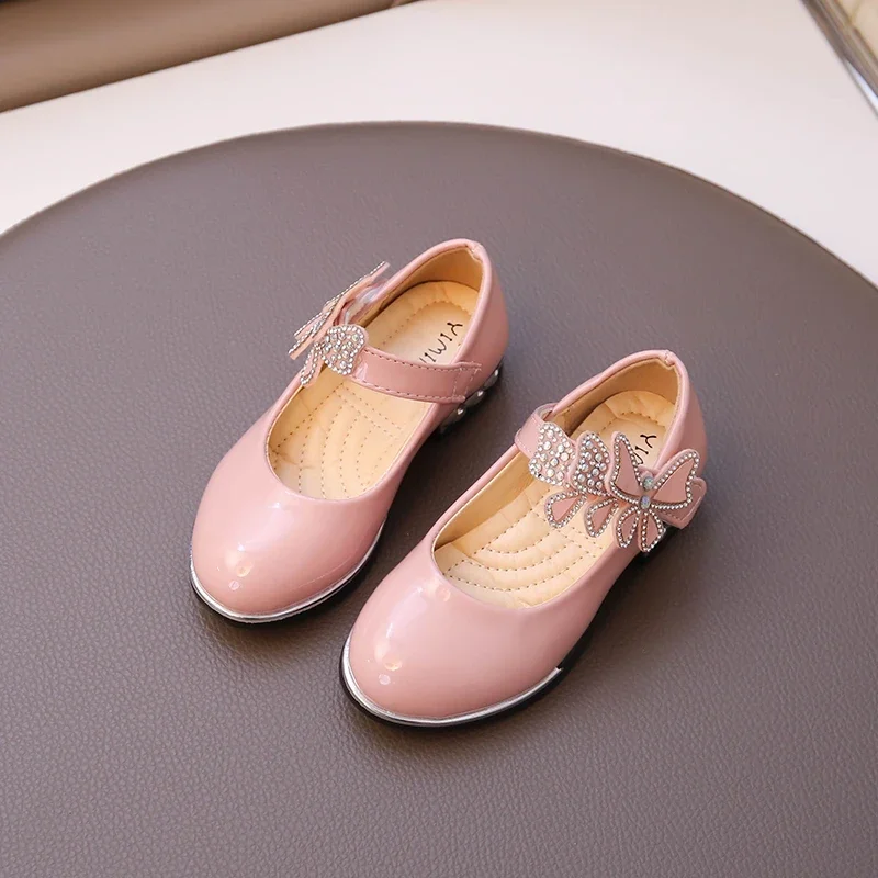 Girls Rhinestone Princess Shoes Children Leather Shoes for Party Wedding Kids High Heels Performance Shoes with Butterfly-knot