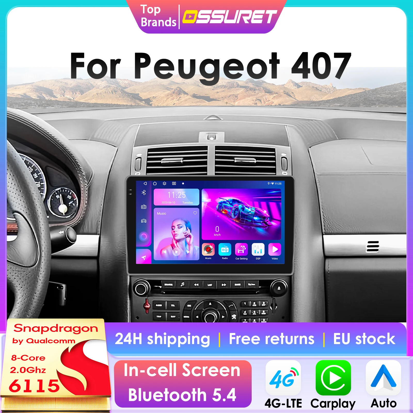 Radio Coche 9.7 Pulgadas Para Peugeot 407 (2004-2011): Android 13, CarPlay, DAB, GPS, WiFi – Pantalla Grande