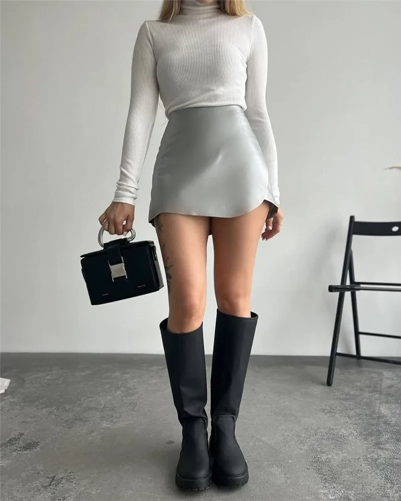 Shestyle Women Shorts High Waist Sexy Elegant PU Faux Leather Skirts Office Lady A-Line Asymmetrical Bottom Clubwear Workwear
