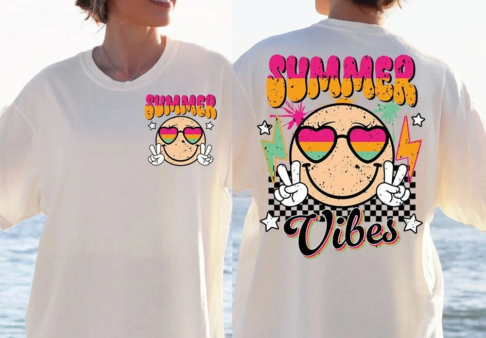 

2024 New Summer Fashion Women T-shirt Cute Cartoon Smiling Face with Sunglasses Print Female Shirt Stylish Beach Party Girl Tee