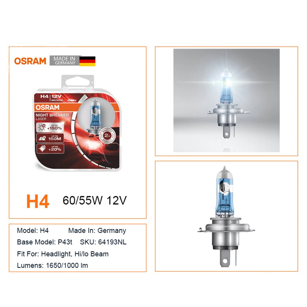 OSRAM Night Breaker Laser 9003 H4 HB2 12V 55/60W 64193NL Next Generation  Car Bulbs Fog Lights 3700K P43T Headlight Hi/lo Beam