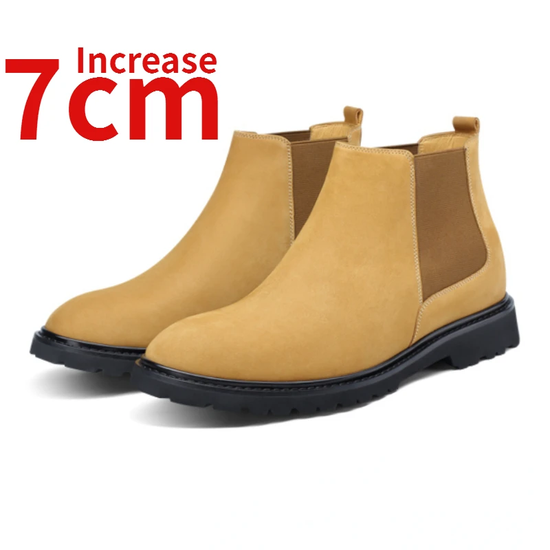 

Retro Yellow Boots Shoes for Men Height Increase 7cm Genuine Leather Elevated Boots Outdoor Work Boots Desert Chelsea Boots Male