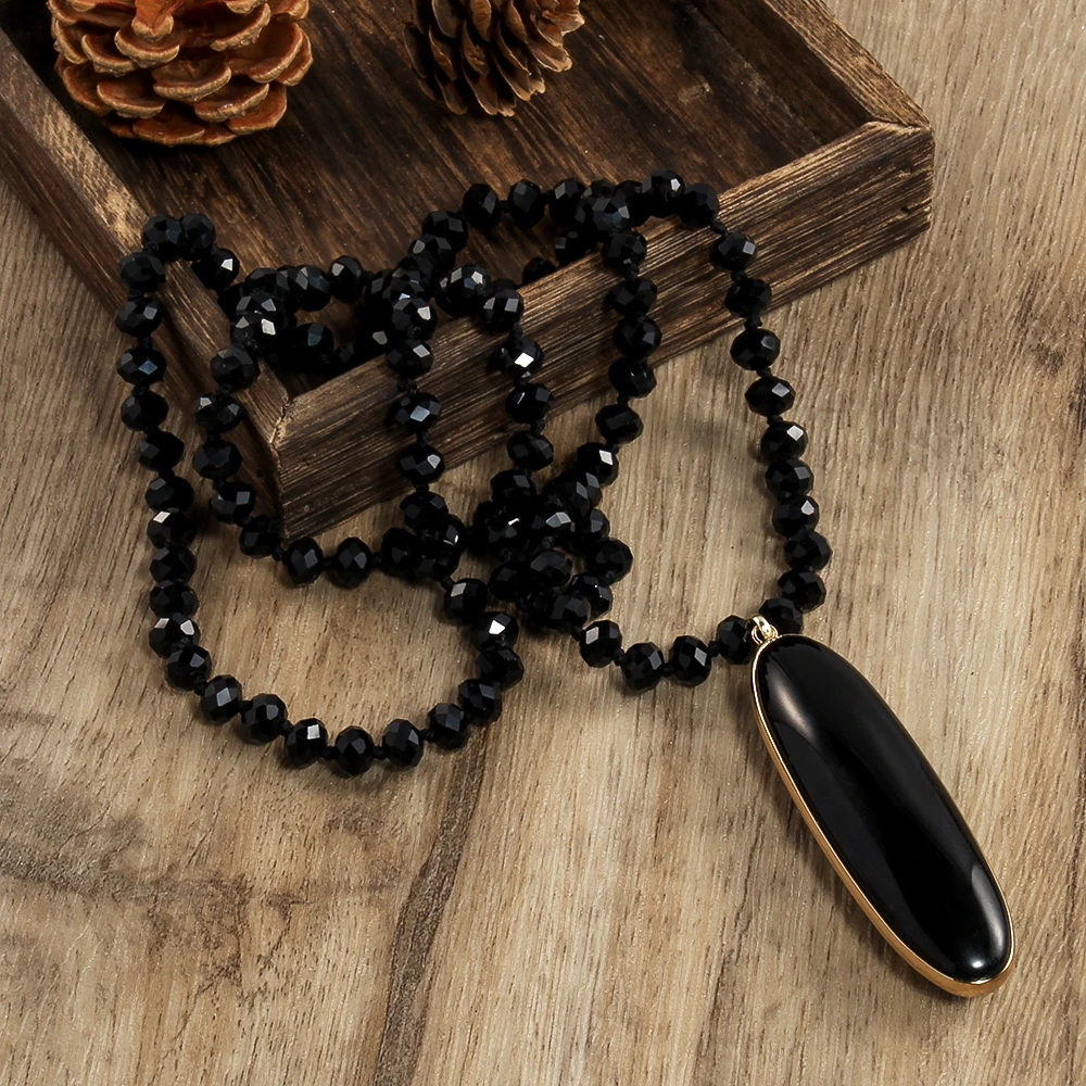 8mm Black Glass Knot Necklace Fashionable New Black Oval Agate