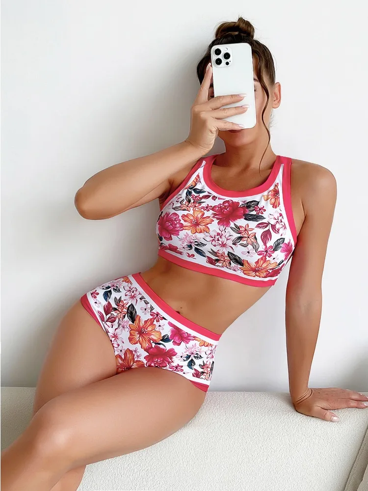

Women Floral Print High Waist Bikini Set Racerback Sport Two Piece Swimsuits Bathing Suit Beachwear High Neck Swimwear Bathers