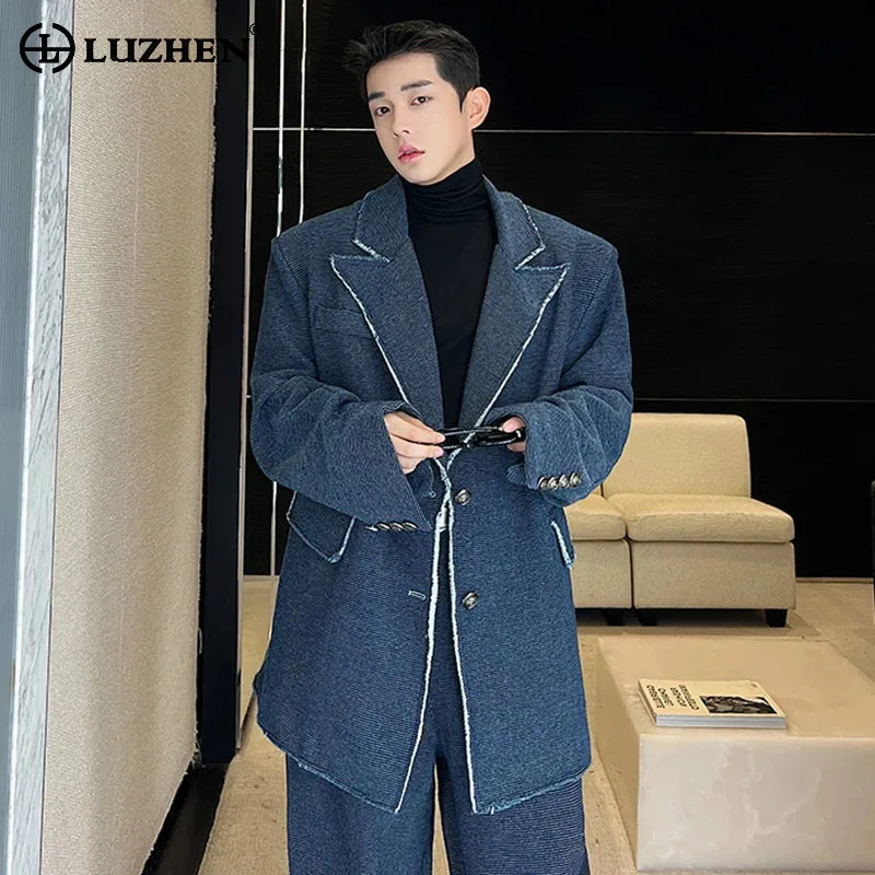 LUZHEN Spring New Men's Blazers Loose Color Contrast Edge Design Denim Coat Shoulder Pad Suit Jacket Stylish Elegant LZ6855
