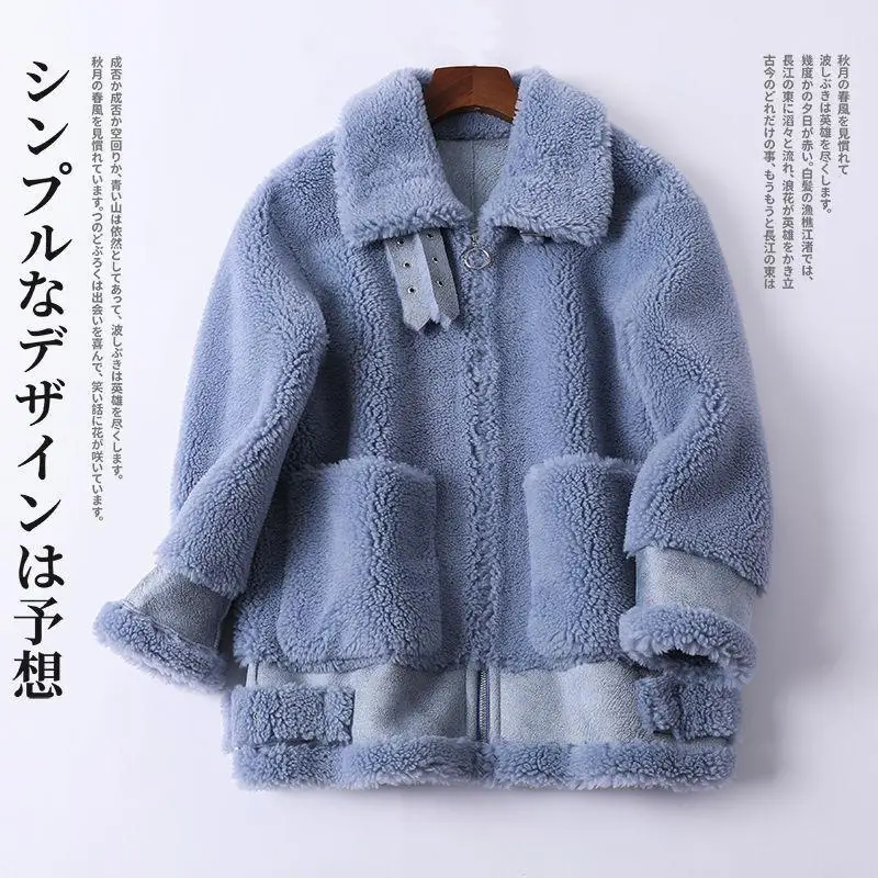 

Women Winter Zipper Genuine Lamb Fur Sheepskin Coats Ladies Turndown Collar Wool Outerwear Thick Warm Sheep Shearing Jacket E665