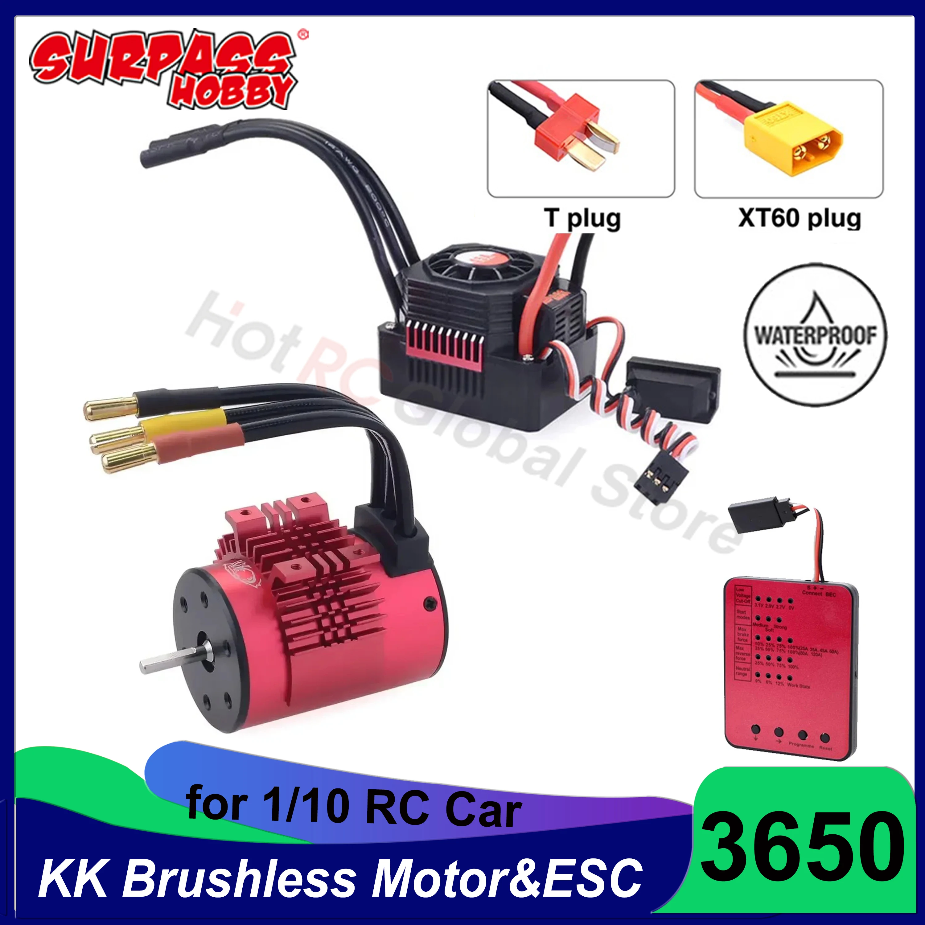 

Surpass Hobby Waterproof KK 3650 RC Brushless Motor 2300KV-7700KV 80A 120A 150A ESC Heat Sink Combo for 1/10 1/8 RC Car 2S-4S