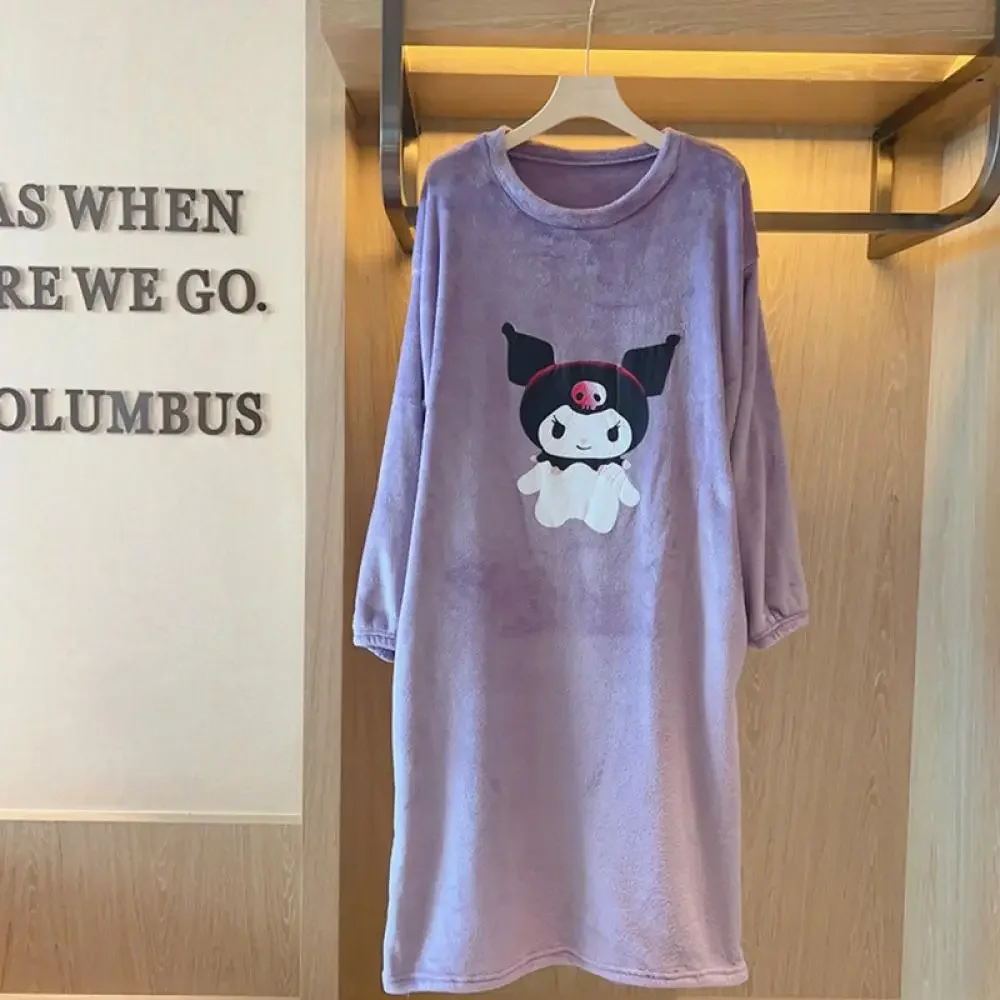 Cartoon Sanrioed Kuromi Plush Nightdress for Women Kawaii Anime Home Clothes Spring Winter Thicken Long Style Pajamas Sweet Girl