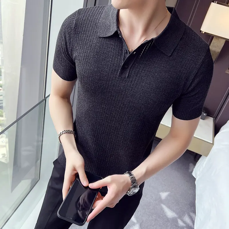 Ice silk thin style hollowed out knitted lapel short sleeve men top slim  hole hole Polo shirt orange European American simple