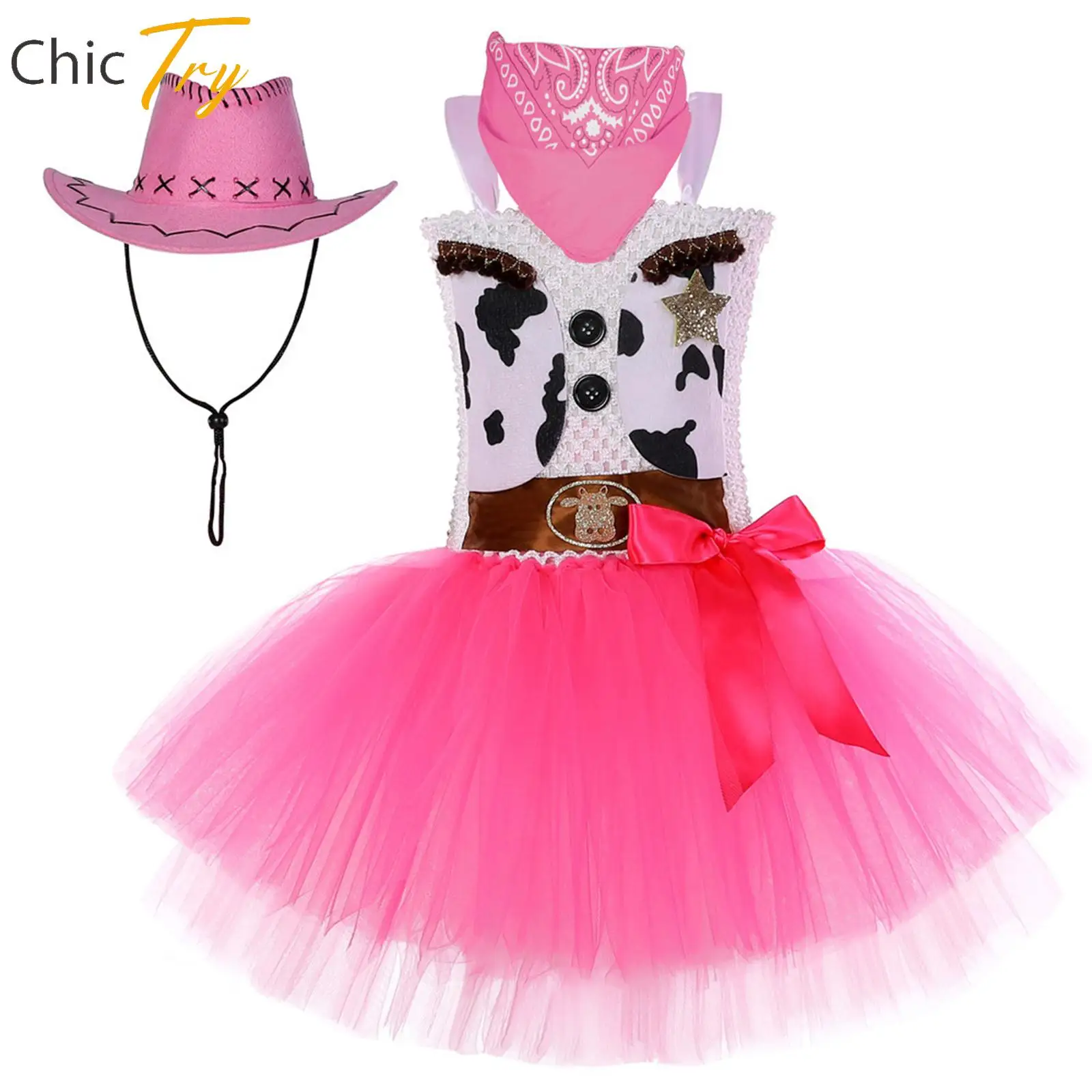 

3Pcs Kids Girls Halloween Cowgirl Costume Sleeveless Cow Print Tutu Cami Dress with Hat Set Dress Up Performance Outfit
