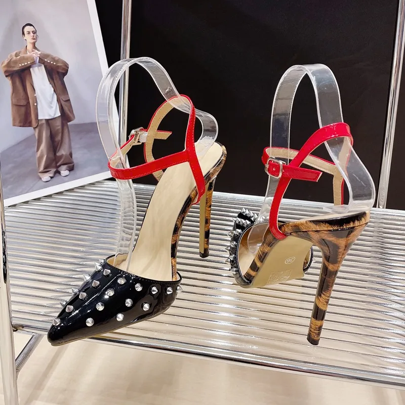 2024 Rivet Women Pointed Toe Pumps Ankle Buckle Strap Thin High Heels Shoes Sexy Design Banquet Prom Female Sandals