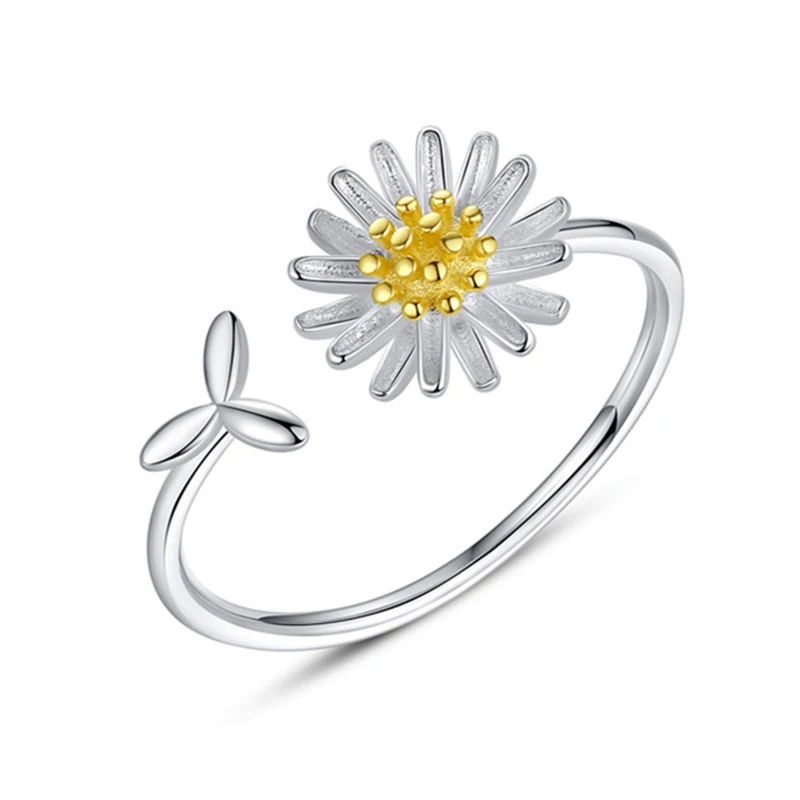 925 Sterling Silver Golden Daisy ​Adjustable Women's Ring Wedding Female Fashion Jewelry Wholesale
