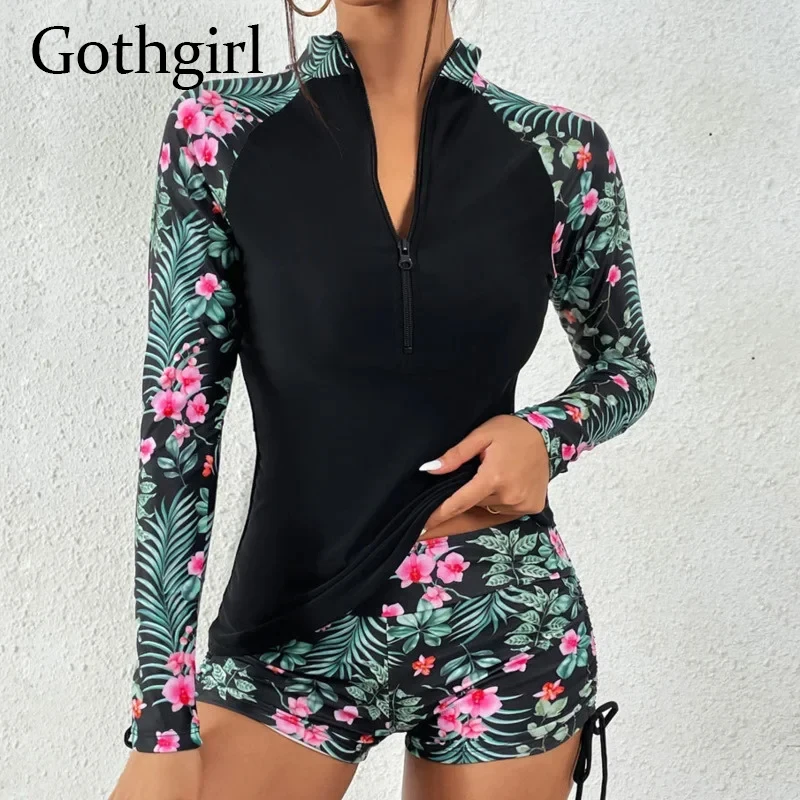 

Gothgirl Summer Women Swimsuit Two Piece Set Sports Surfing Tankini Beachwear Sexy Print Long Sleeve Zipper Top Shorts Suit 2024