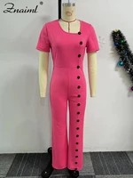Znaiml Women Elegant Long Jumpsuits for Party Summer Short Sleeve Buttons Solid Color Wide Leg Pants Rompers One Pieces Overalls - Image 5