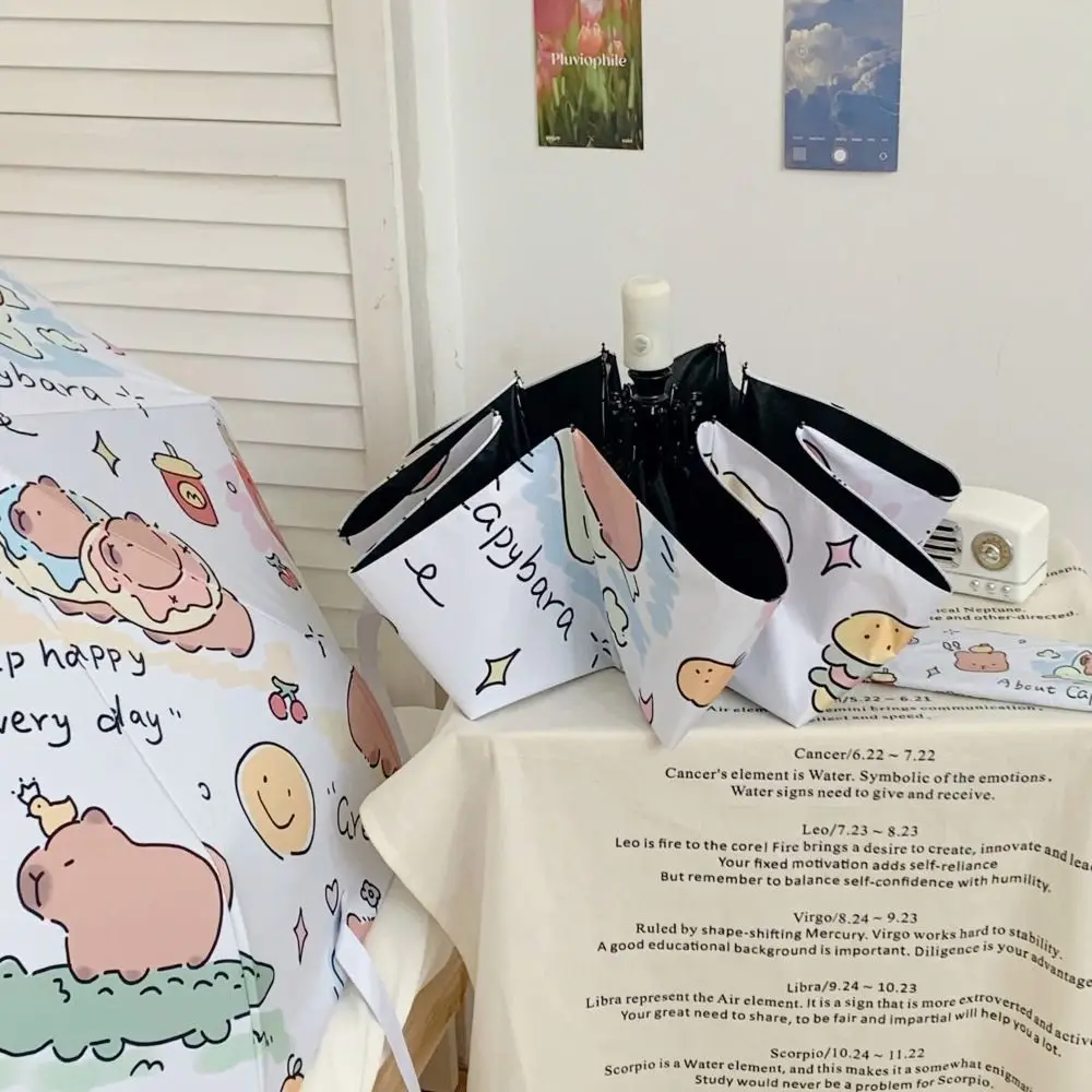 Cute Dual-use Capybara Umbrella Folding Automatic Sunshade Umbrella 8 Ribs Foldable Rain Umbrella Women Girl