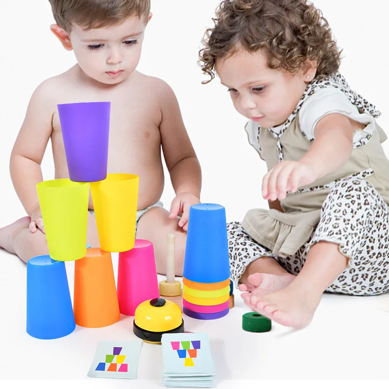 Kids Montessori Toys Stack Cup Versus Table Game with Card Educational Intellectual Enlightenment Color Cognition Training Toy early enlightenment training threading rope game wood cartoon animal model crocodile bee elephant coccinella montessori baby toy