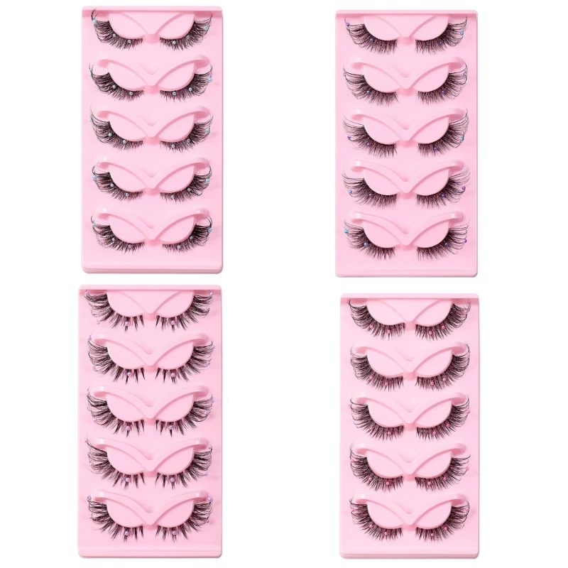 

E5XZ 5Pairs Cats Eye Lashes Natural Look Foxes False Eyelashes Wispy Faux Mink Lashes