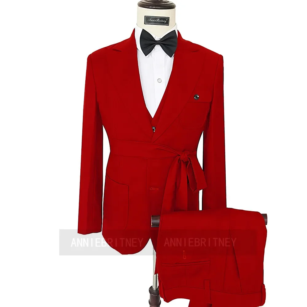 

2024 Fashion Red Formal Suits For Men Groom Tuxedo Prom Slim Fit Blazers Hombre High Quality Custom 3 Piece Set Costume Homme