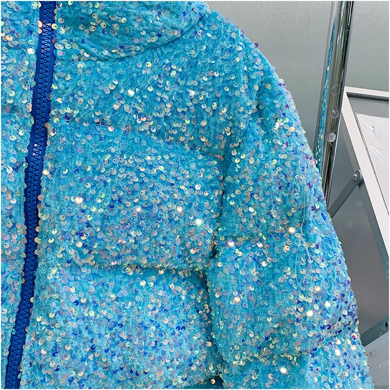 Long Colorful Sequined down Jacket Coat Women 2023 Winter New Heavy Industry Hooded Long Sleeve Thickened Warm Jacket Female