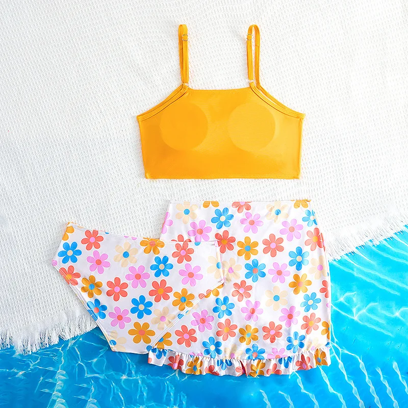 3 Pieces Floral Bikini Girls Swimsuit High Waist Kids Swimwear & Beach Skirt Pink Children Swimming Bathing Swim Suit