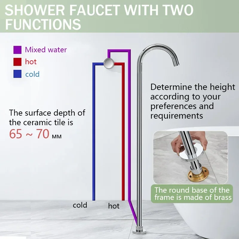 Floor Standing Bathtub Faucet Brass Body Hot Cold Mixer with Handle Rose Gold Independent Faucet Chrome Grey Black 4