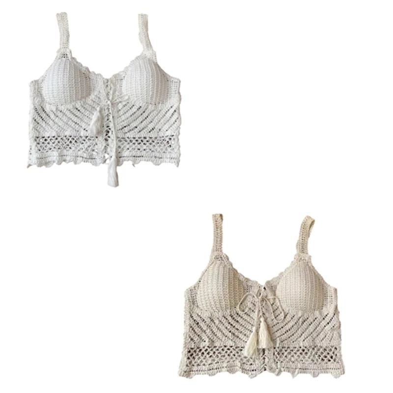 

Crochet Summer Cami Vest for Women Bohemian Lace-Up Front Sleeveless Crop Top