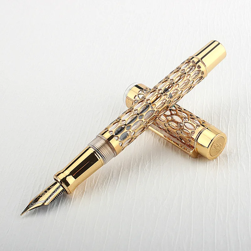New Jinhao Hollow Out 100 Fountain Pen 18KGP Golden Plated M Nib 0.7mm Resin Ink Pen with A Converter Business Office Gift Pen