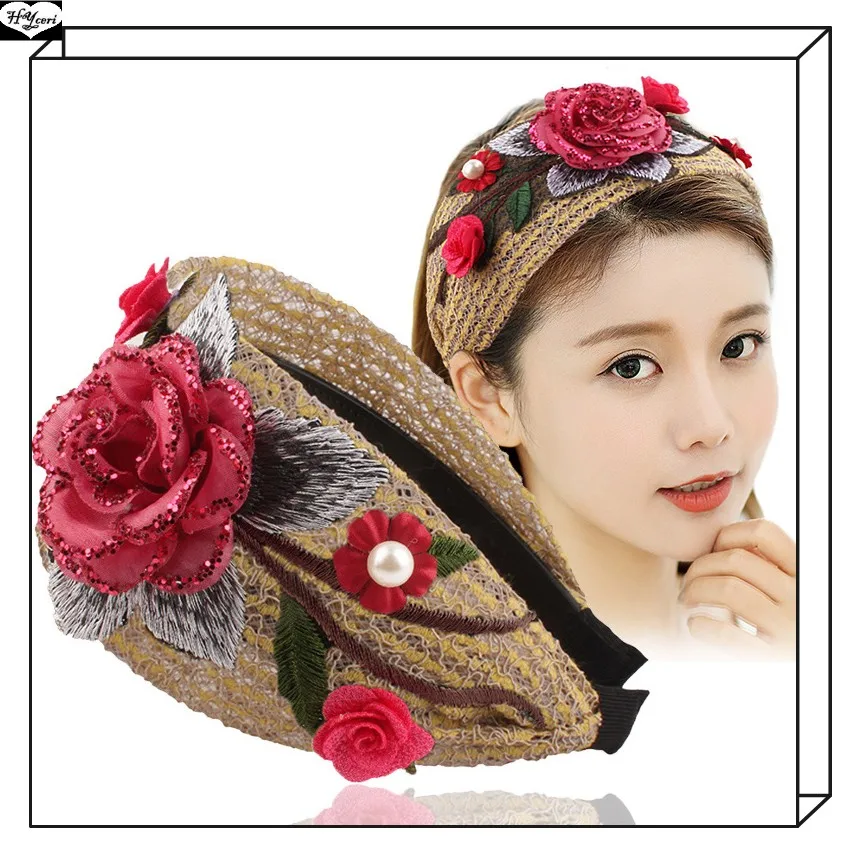 

Fashion women's headband pearl artificial flower glitter hairband handmade embroidered rose flower patter headband hair headwear