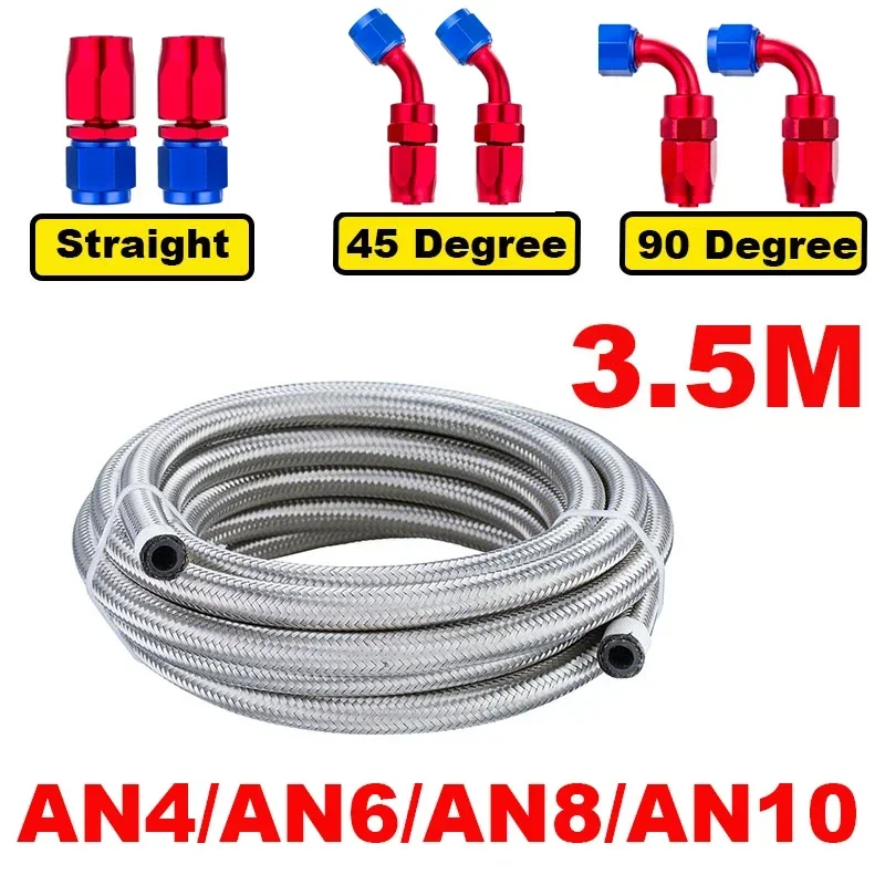 

3.5M AN4 AN6 AN8 AN10 Stainless Steel Braided CPE Rubber Fuel Hose Line 0/45/90 Degree Hose End Fitting Adapters Hose Line Kit