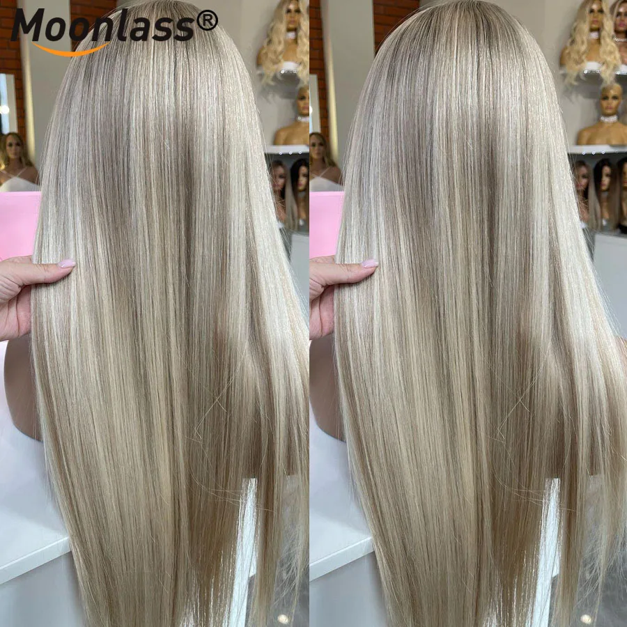 Human Hair Wigs Glueless Highlight Ash Blonde Straight 100% Human Hair 180 Density 13x6 Lace Front Preplucked Natural Remy