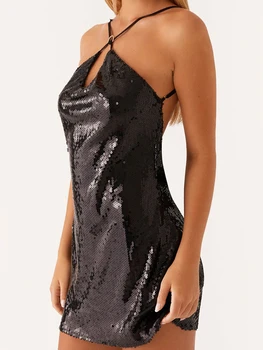 Elegant Women s Sequin Mini Dress with Spaghetti Straps and Backless Design Perfect for Summer Fashion Parties and Events 1