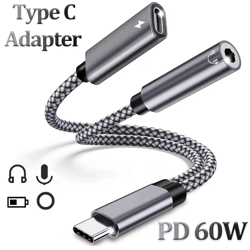 Type C to 3.5mm Adapter 2in1 USB C to AUX Audio Cable