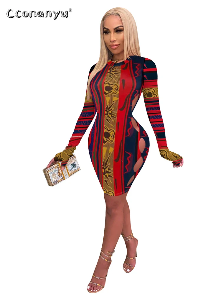

Spring O-Neck Elegante Cherrykeke Colours Printed Long Sleeve Slim Casual Mini Sexy Bodycon Shiny Dress for Women Clothing 2022